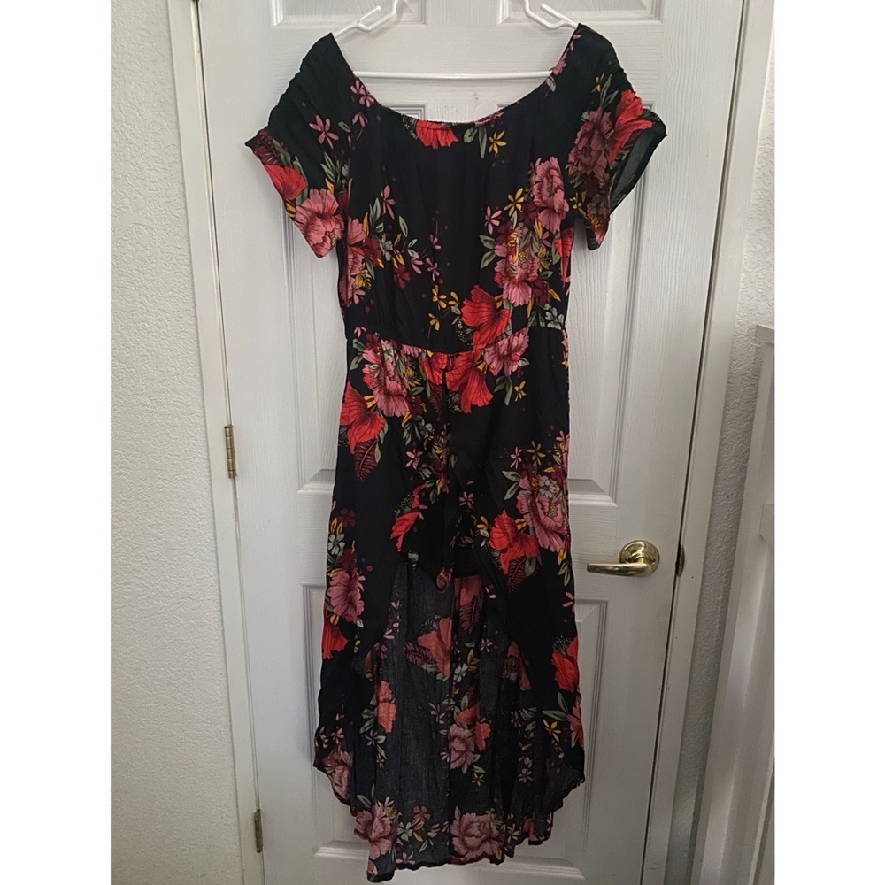 Women Short Sleeve Off Shoulder Floral High Low Flowy Long Maxi Romper Dress